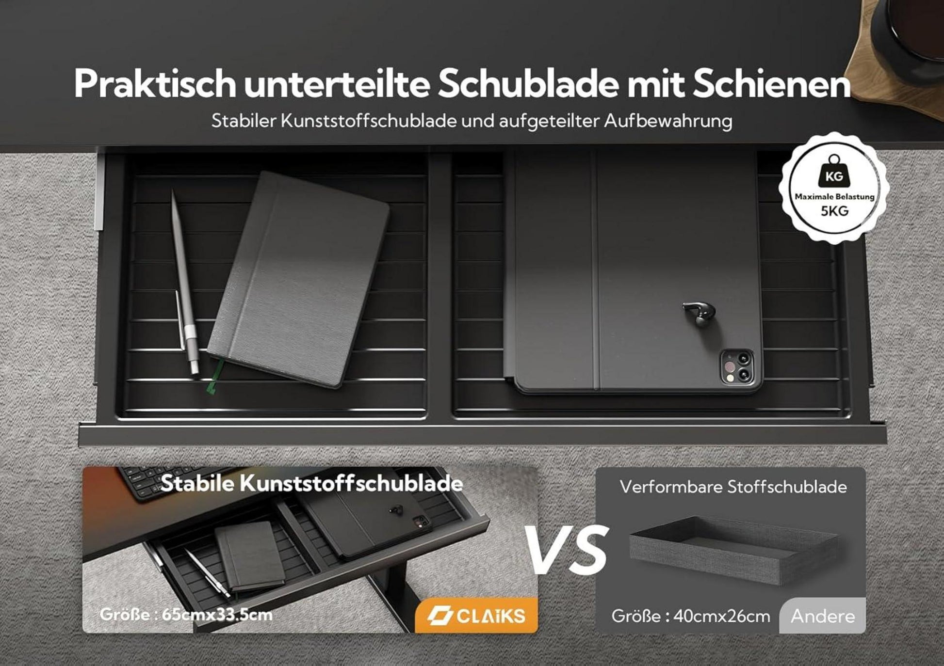 Claiks Elektrischer Schreibtisch 120x60 cm Schwarz höhenverstellbar mit Schublade