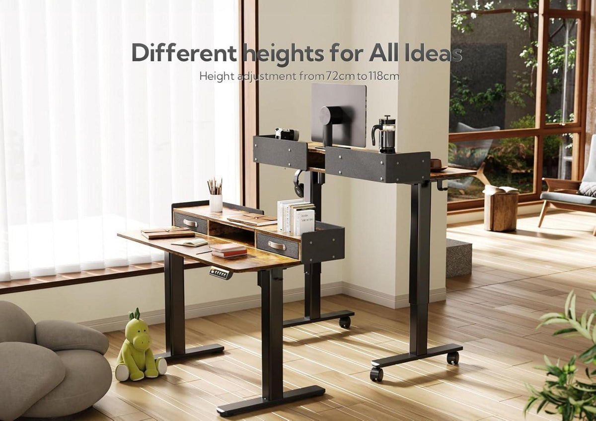 Höhenverstellbarer Schreibtisch 140x60 cm Braun mit Schubladen und Monitorständer