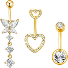 Bauchnabelpiercing 3er Set Chirurgenstahl 10mm Schmetterling Herz Gold