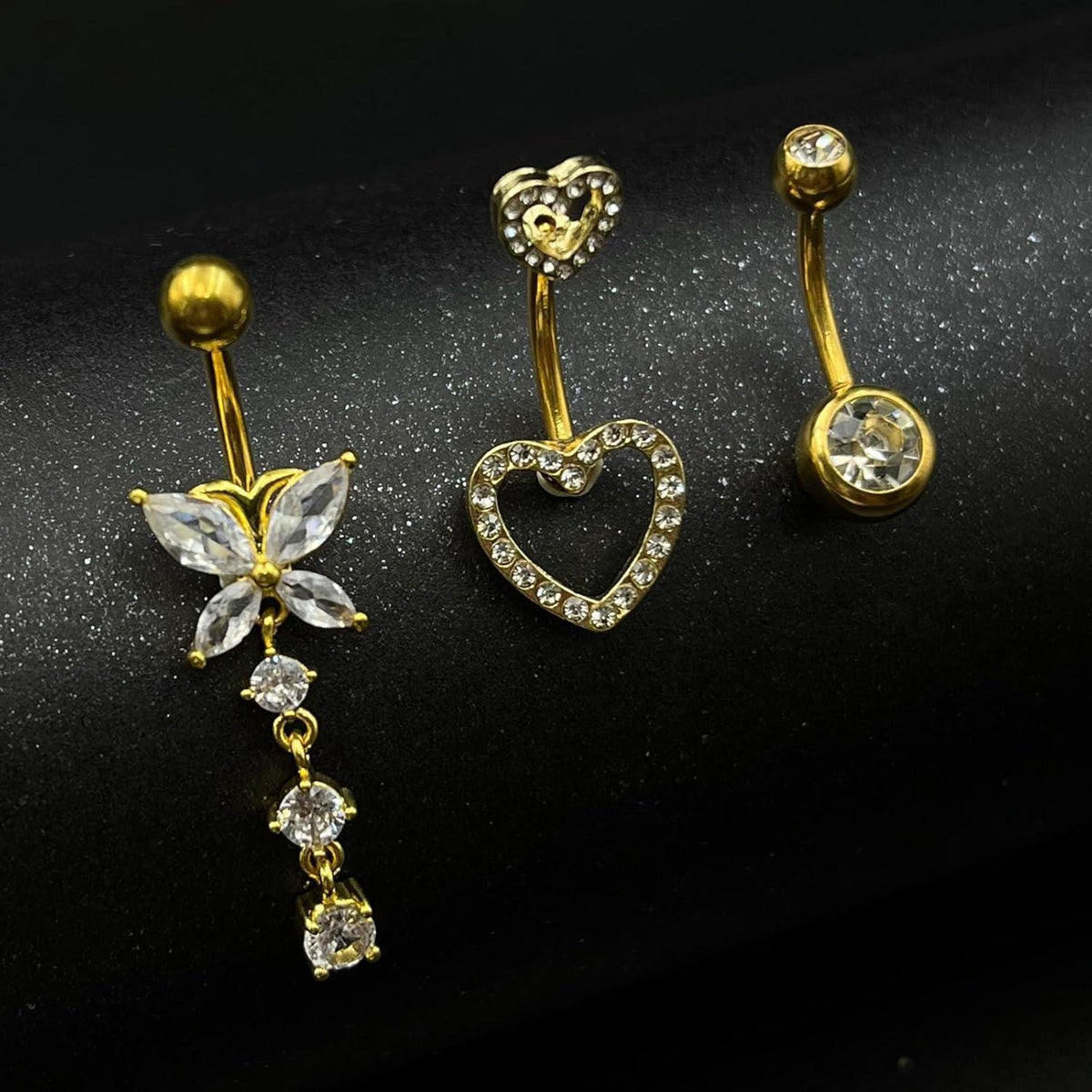 Bauchnabelpiercing 3er Set Chirurgenstahl 10mm Schmetterling Herz Gold