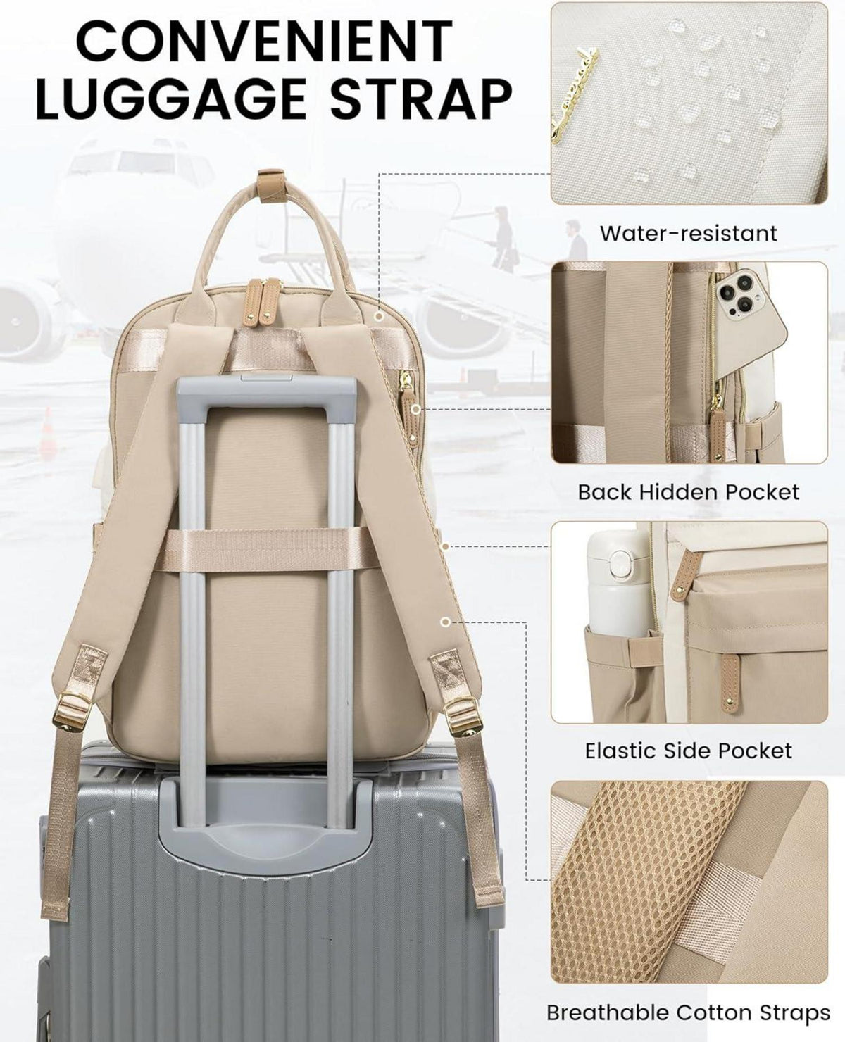 LOVEVOOK Damen Rucksack 15,6 Zoll Laptop Schulrucksack Wasserdicht Beige
