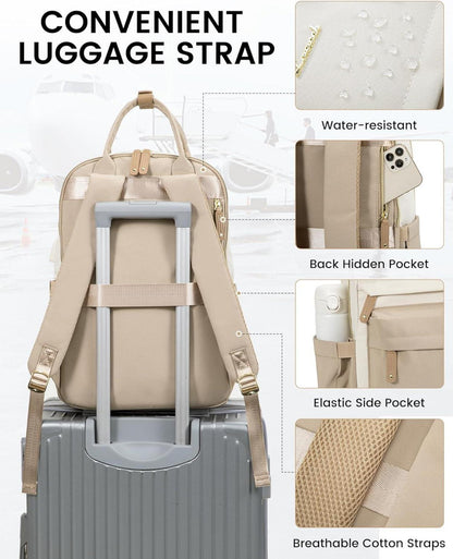 LOVEVOOK Damen Rucksack 15,6 Zoll Laptop Schulrucksack Wasserdicht Beige