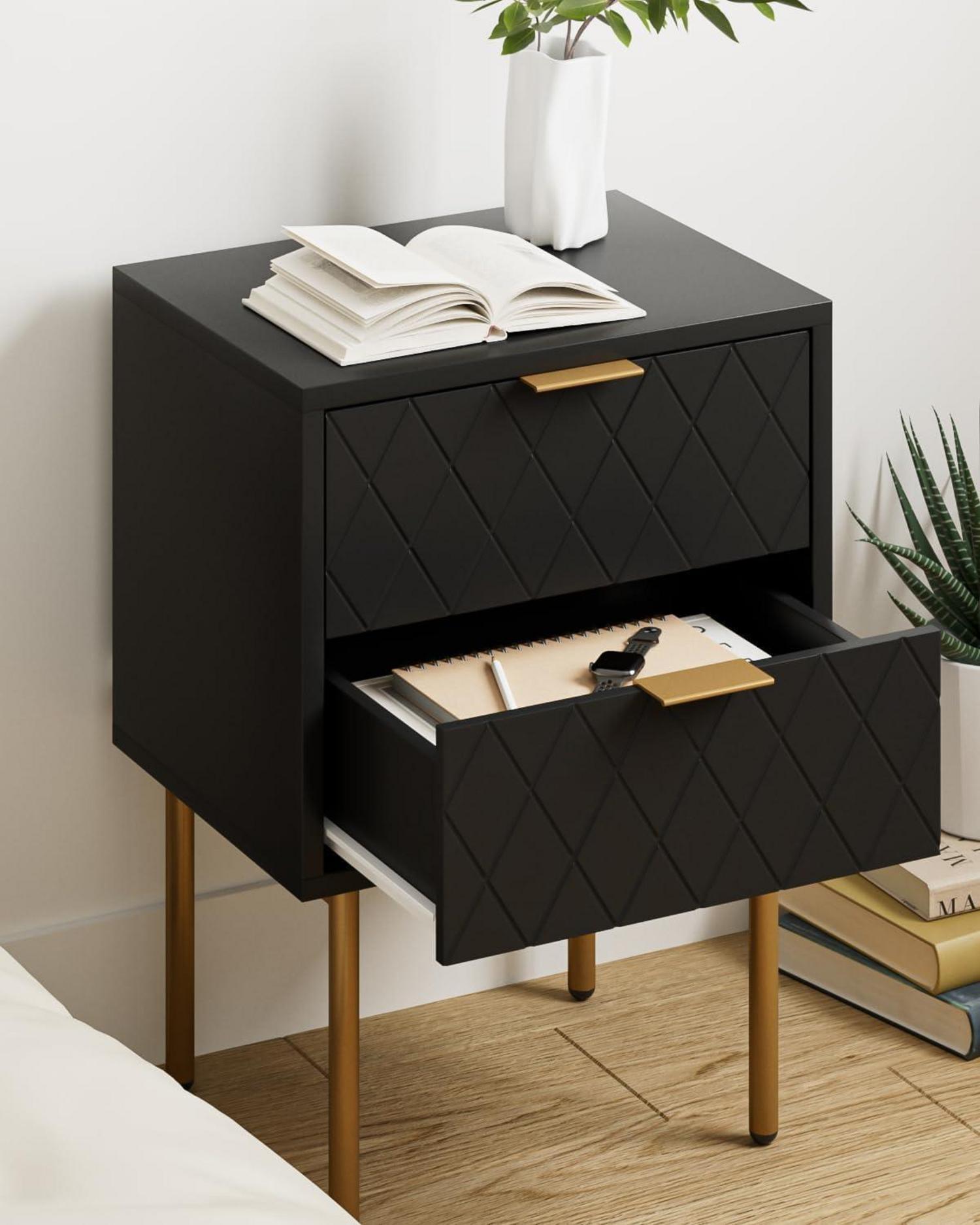Nachttisch 2 Schubladen Schwarz Gold Modern Möbel Schlafzimmer; Wohnzimmer