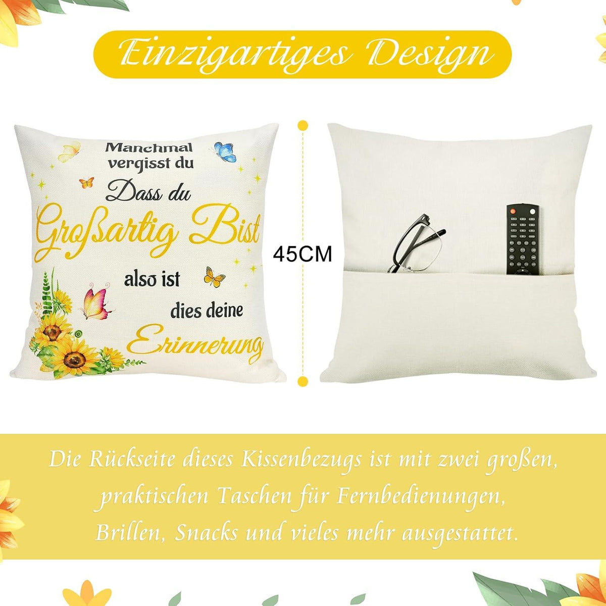 Inspirierender Sonnenblume Kissenbezug mit Taschen 45x45 cm