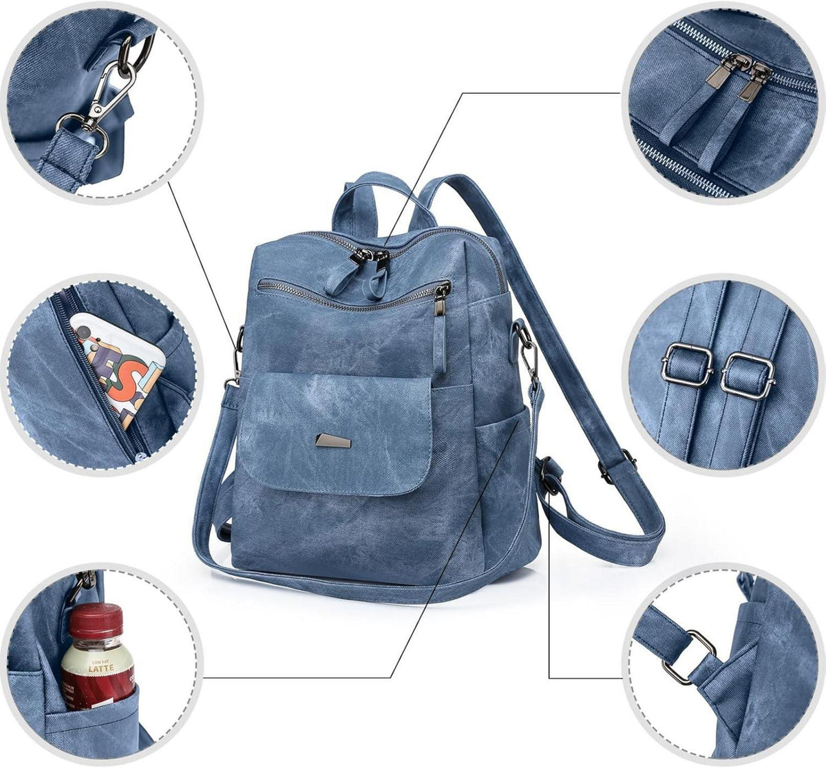 Damen-Rucksack PU-Leder wasserdicht leicht wandelbar Mehrzweck Blau