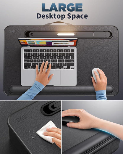 SAIJI Laptopkissen LED-Licht 2024 Verbesserter Ständer 17 Zoll Bett Laptoptisch für Couch & Unterlage mit Kissen, Staufach, Handyhalter