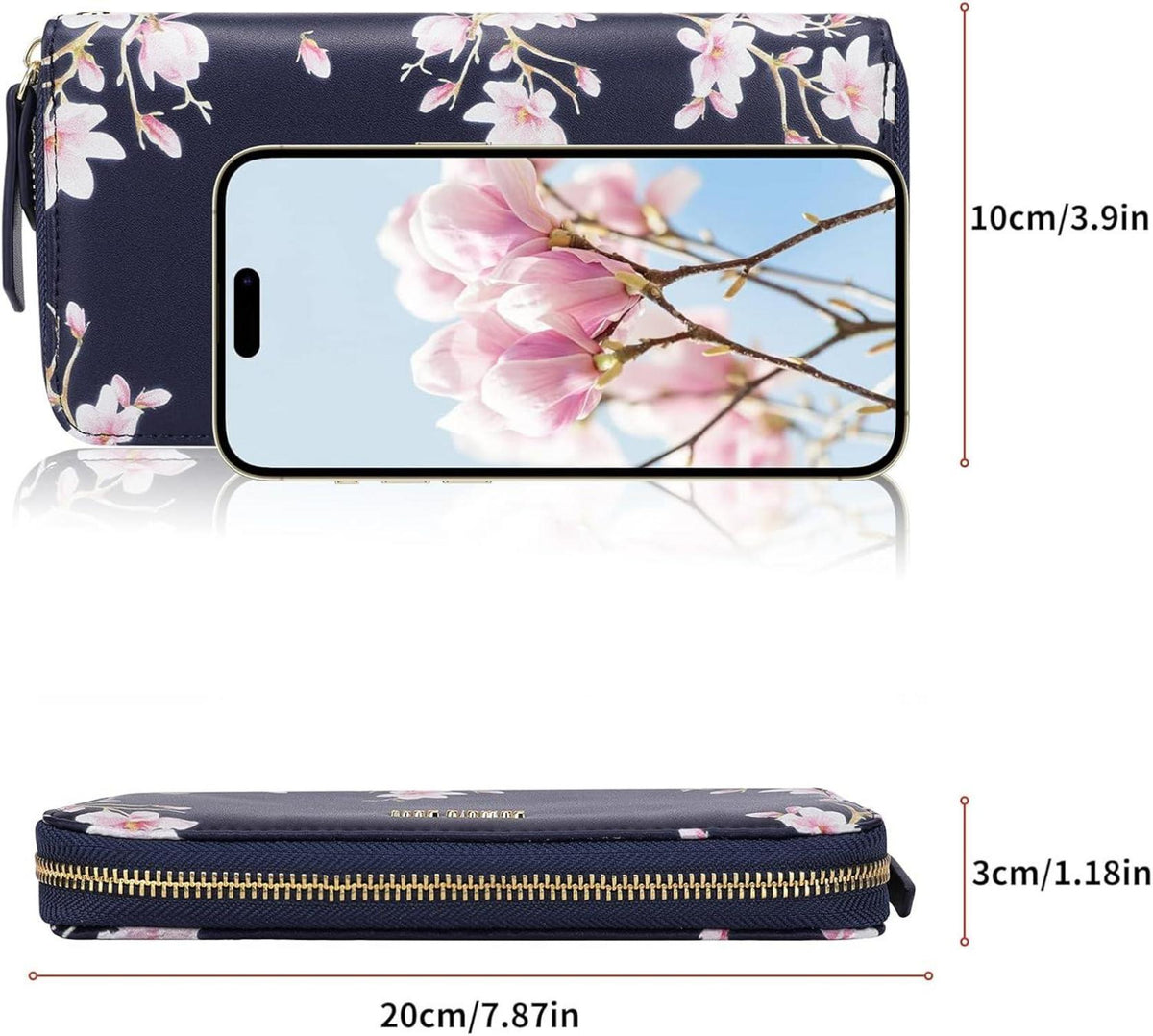 Große Damen Geldbörse Langformat Blumen Prägung RFID Schutz Marineblau