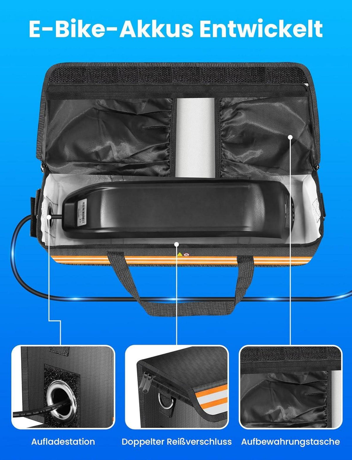 E-Bike Akku Tasche Schutz Feuerfest L Schultergurt 52x14.5x15cm
