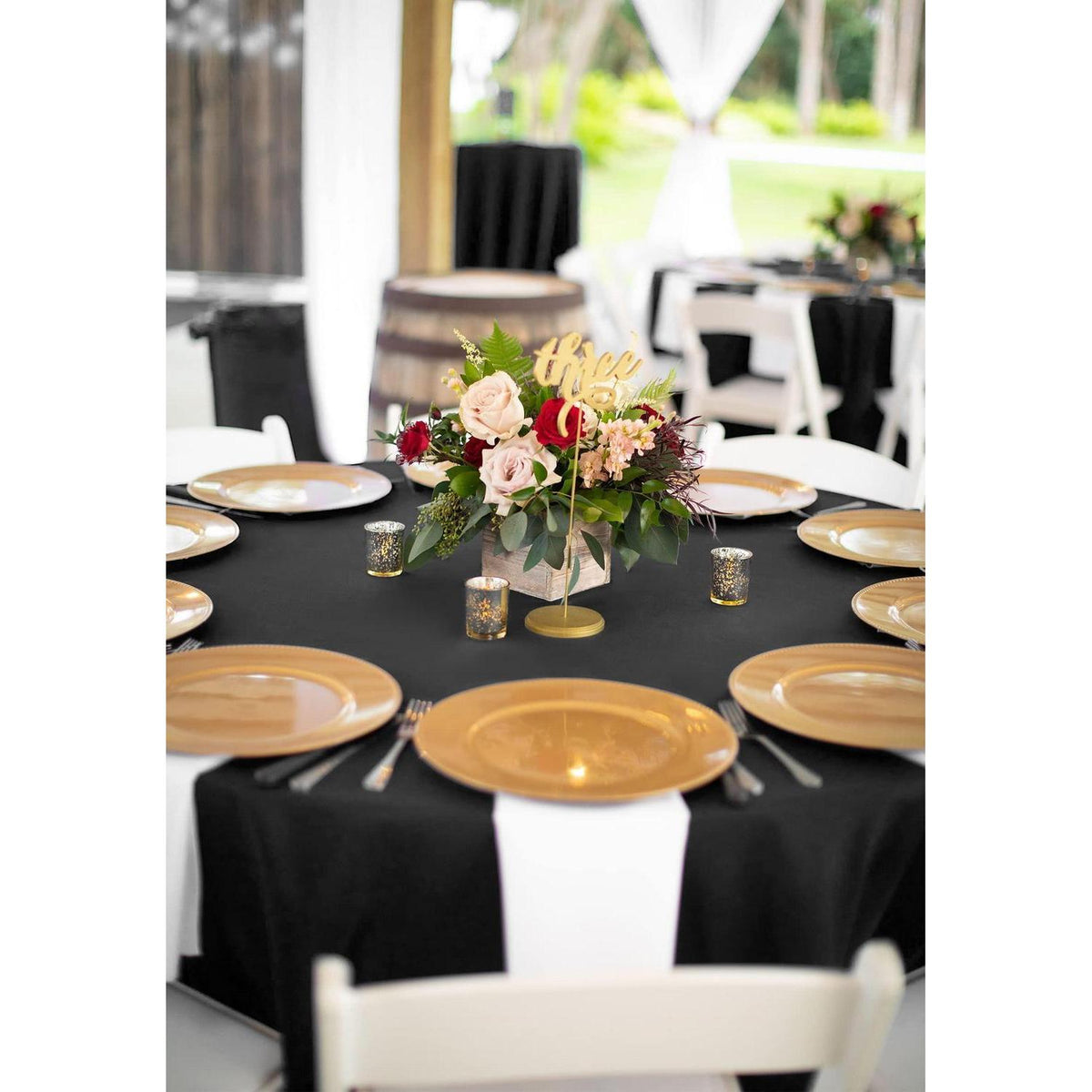 8x Runde Tischdecke Schwarz 300cm – Polyester, Maschinenwaschbar