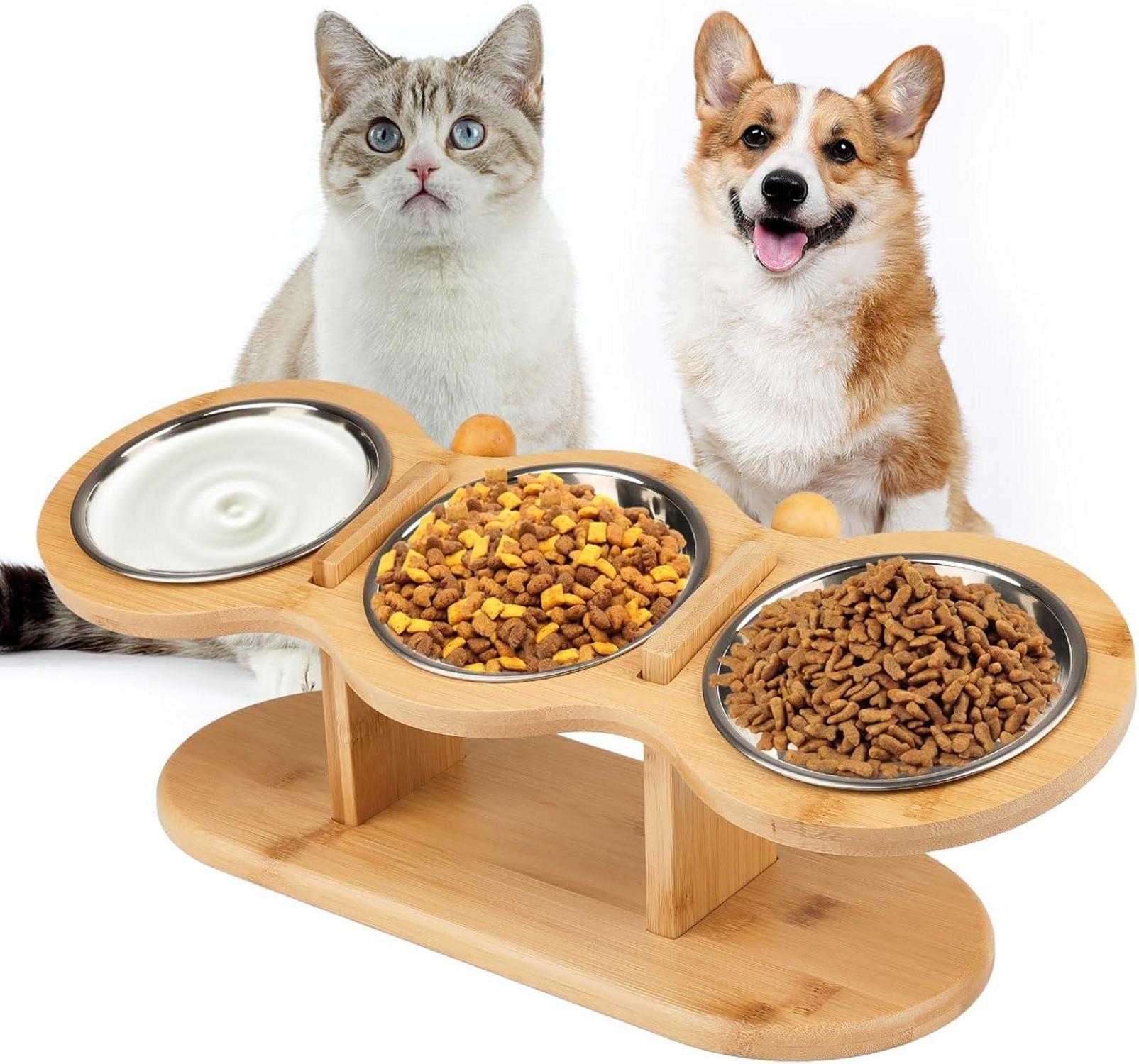 Katzennapf mit 3 Edelstahl Schüsseln und höhenverstellbarem