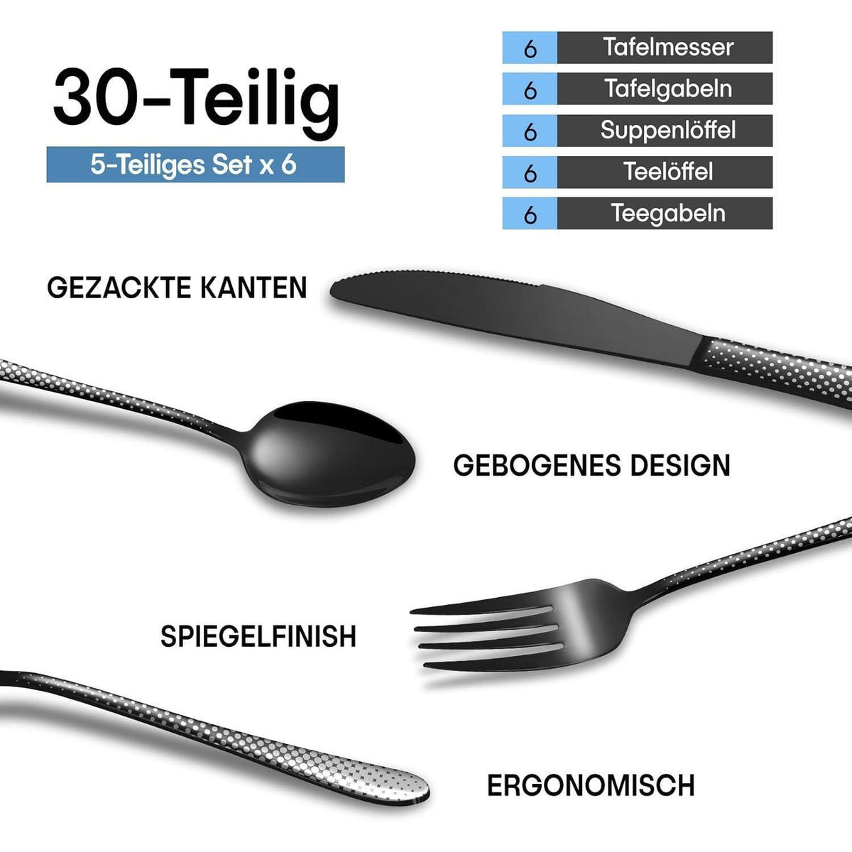 Besteckset Schwarz 30 Teile für 6 Personen mit Tupfenmuster