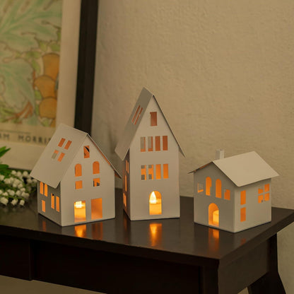 Romadedi Lichthaus Metall Windlicht LED Kerzen Weiß 9/10,6/14,3/20,5cm