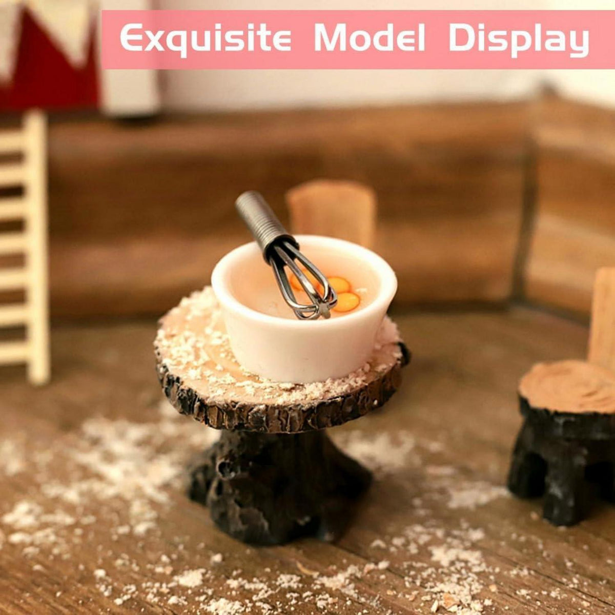 Miniatur Küche Puppenhaus Zubehör Tisch Stühle Set Eier Teetassen Nudelholz Mehlbeutel