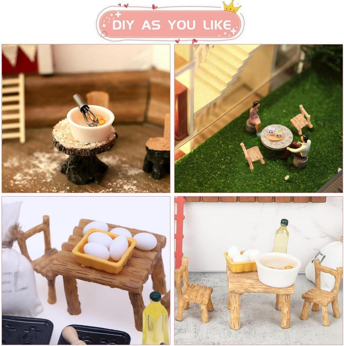 Miniatur Küche Puppenhaus Zubehör Tisch Stühle Teetassen Eier Nudelholz
