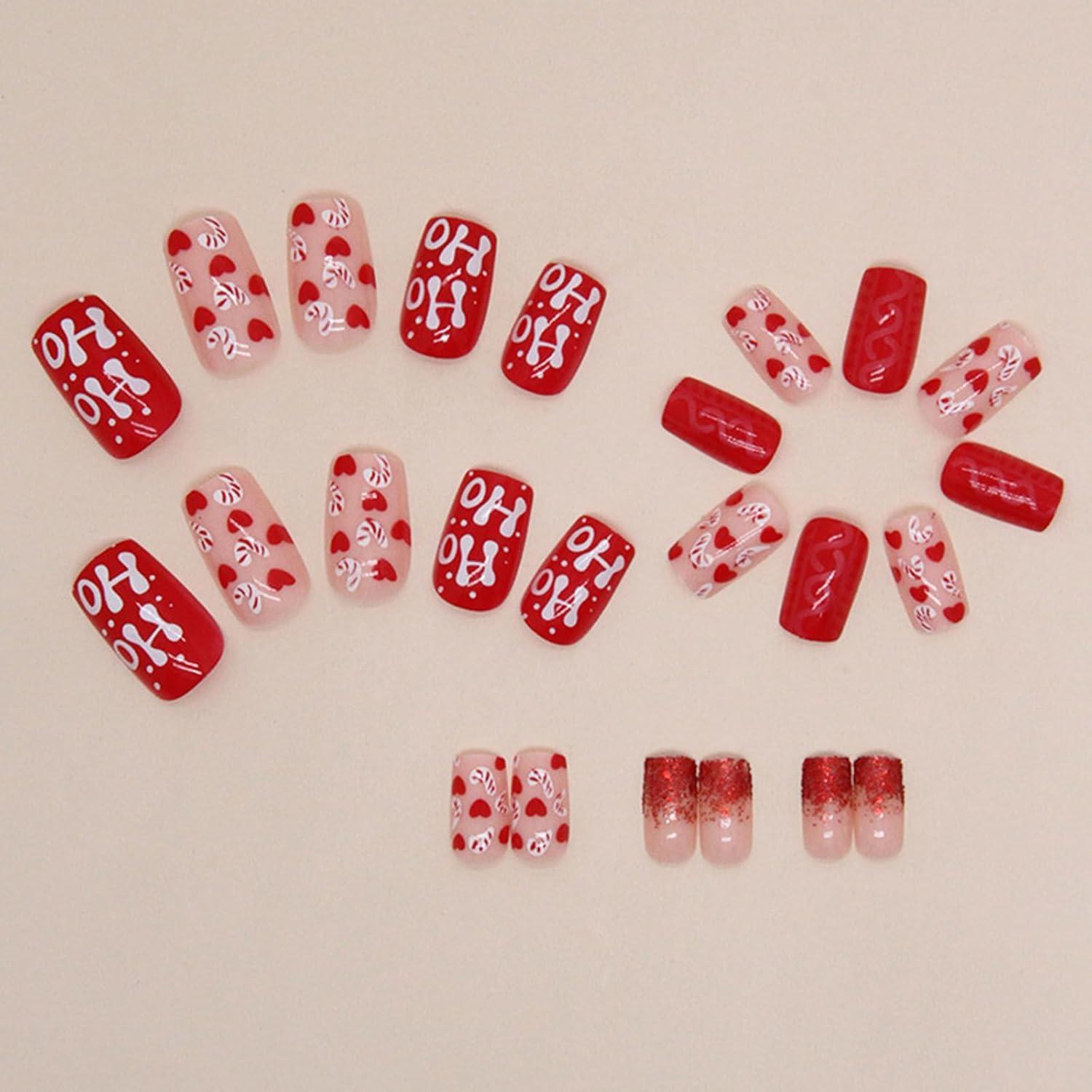 24 Stück Weihnachten Nägel zum Aufkleben Rot Glitzer Acryl Full Cover