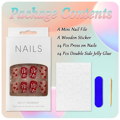 24er Set Rote Glitzer Weihnachts Nägel - Acryl Full Cover French Tip Fingernägel