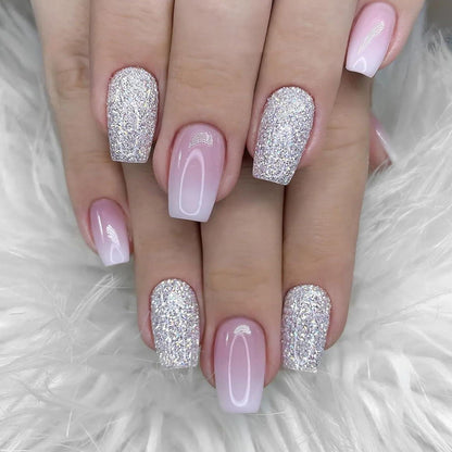 24 Stück Rosa Glänzende Eckige Press On Nägel mit Nagelkleber