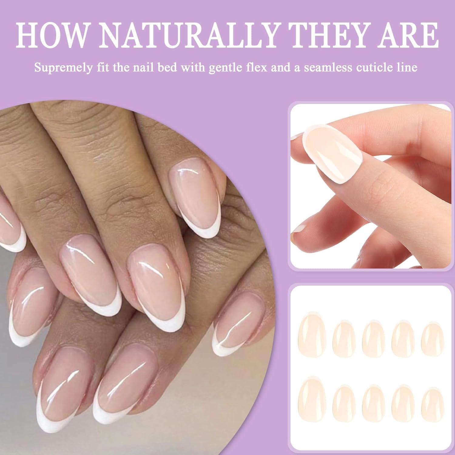24 Stück Mandel Nägel Weiß Rosa French Press on Nails mit Nagelkleber Acryl Fingernägel