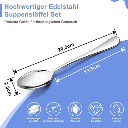Esslöffel 6er Set Edelstahl, 20,5cm Suppenlöffel Tafellöffel, Hochglanzpoliert