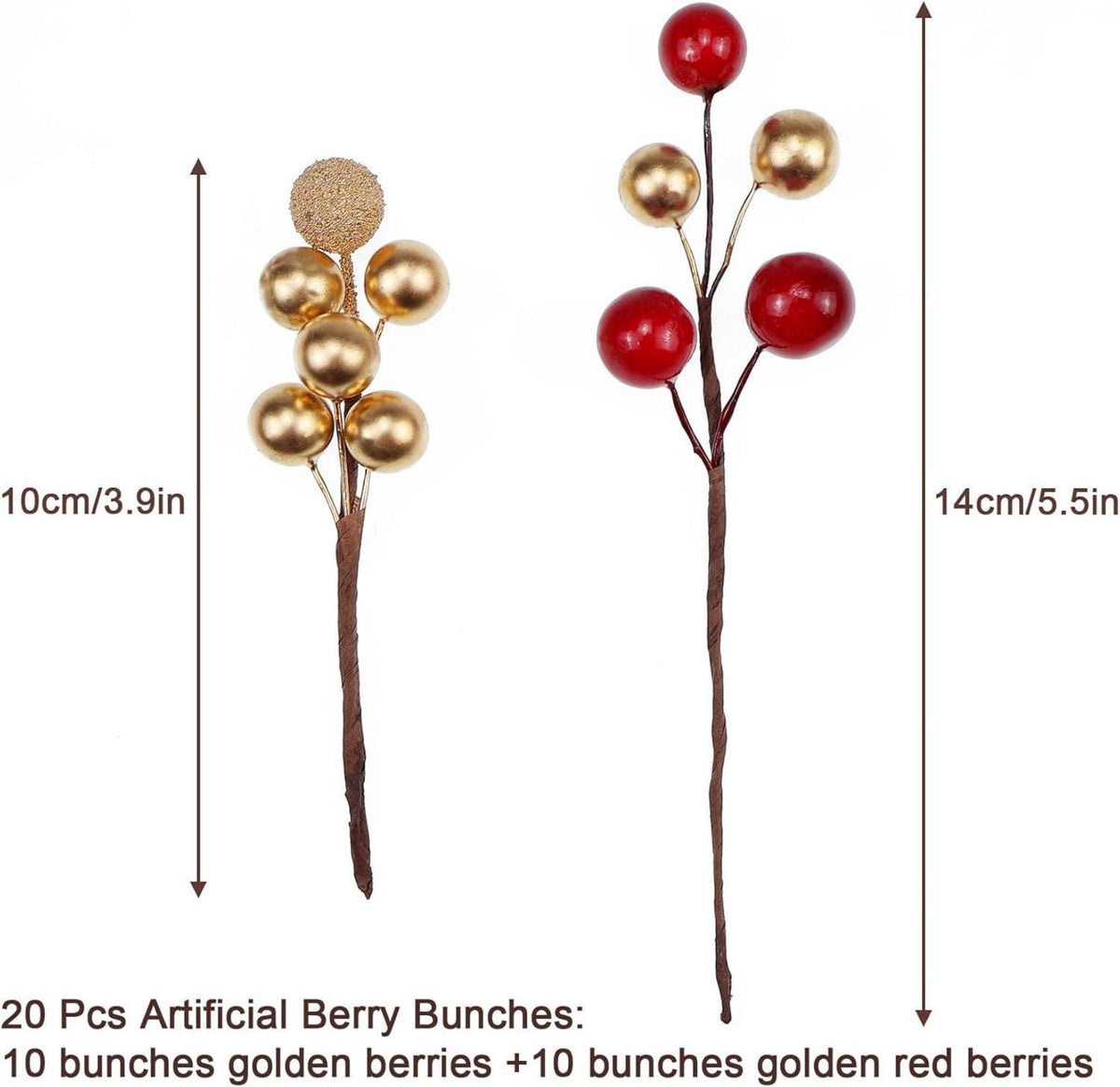 Künstliche Weihnachtsbeeren Zweige Deko, 20 Stück Gold Rot