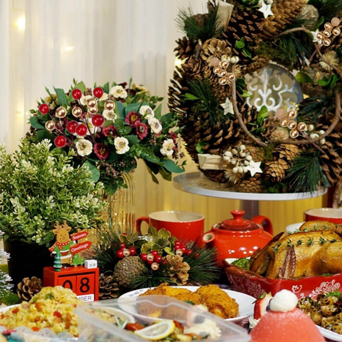 Künstliche Beeren Picks 20 Stück Weihnachtsbaum Deko gold rot