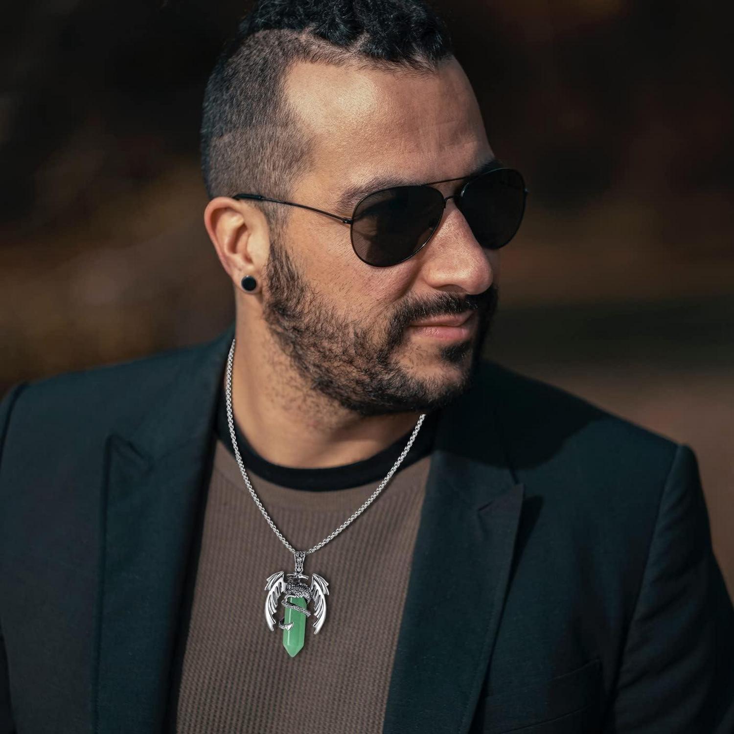 Drachen Kette Herren Grüner Aventurin Kristallanhänger Edelstahl