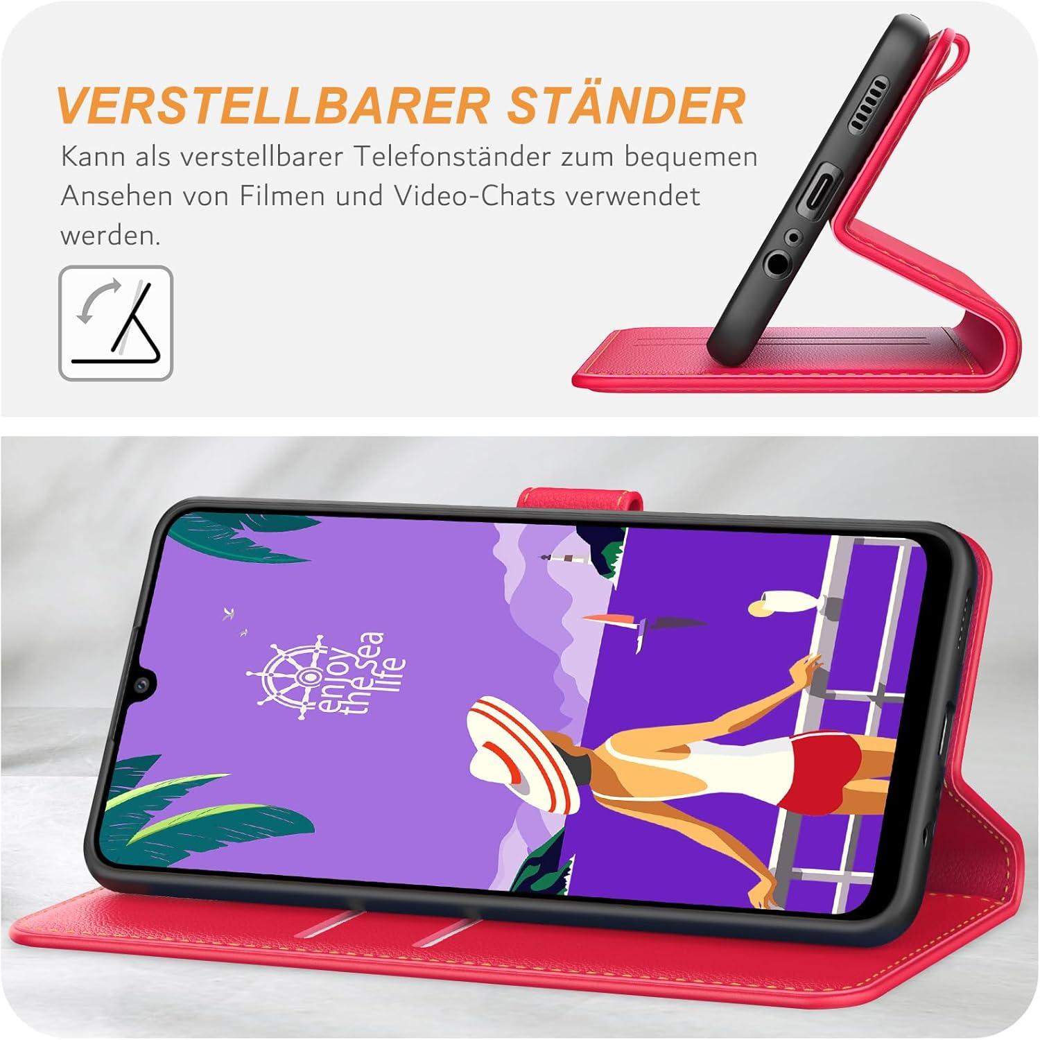 Samsung Galaxy A05s Handyhülle Premium Leder Klapphülle mit Kartenschlitzen, Rot
