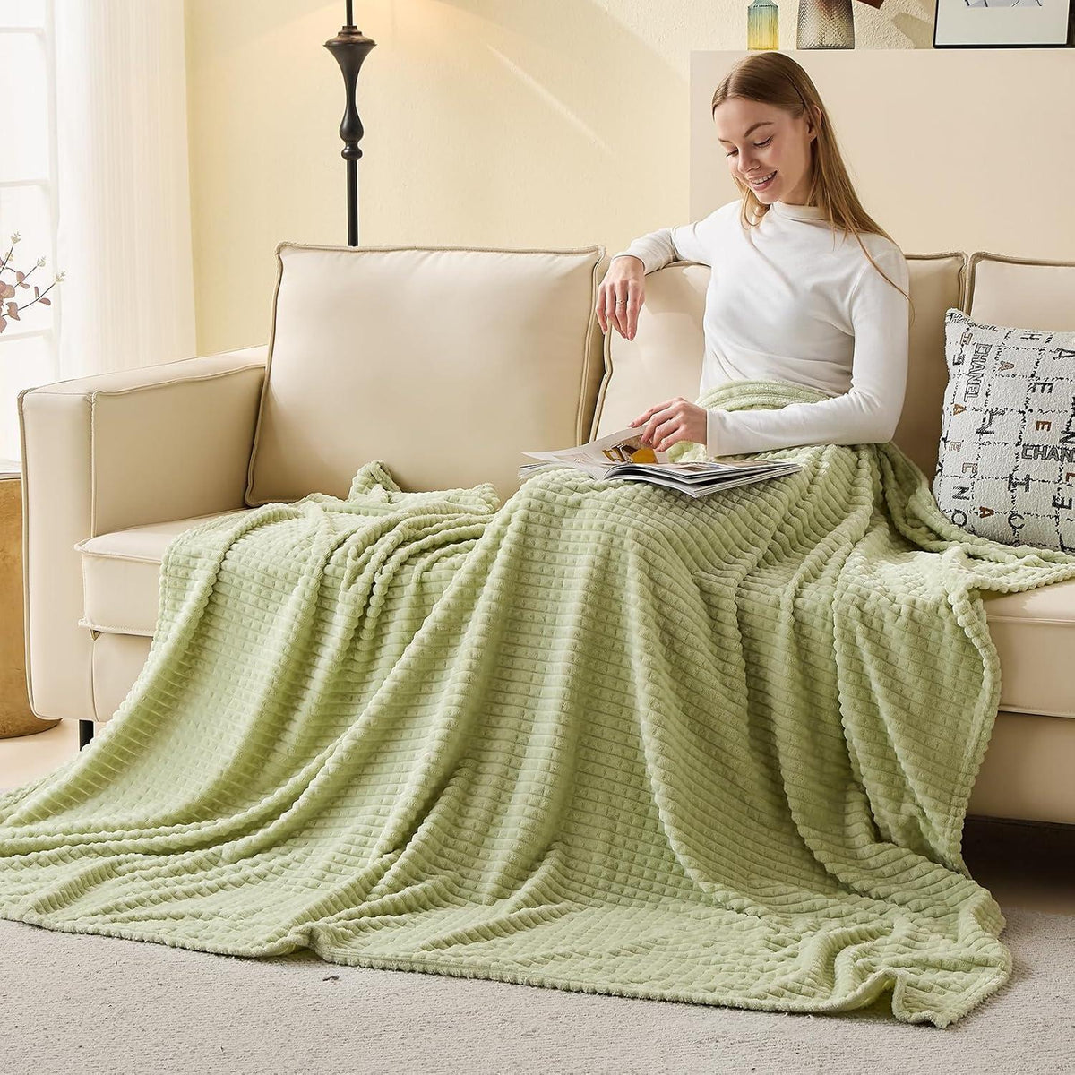 Kuscheldecke 3D-Touch Sherpa Flanell 150x200cm Avocado Grün