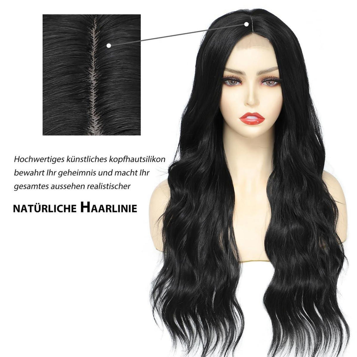 Schwarze Lockenperücke 65cm – Synthetisch, Spitze vorne
