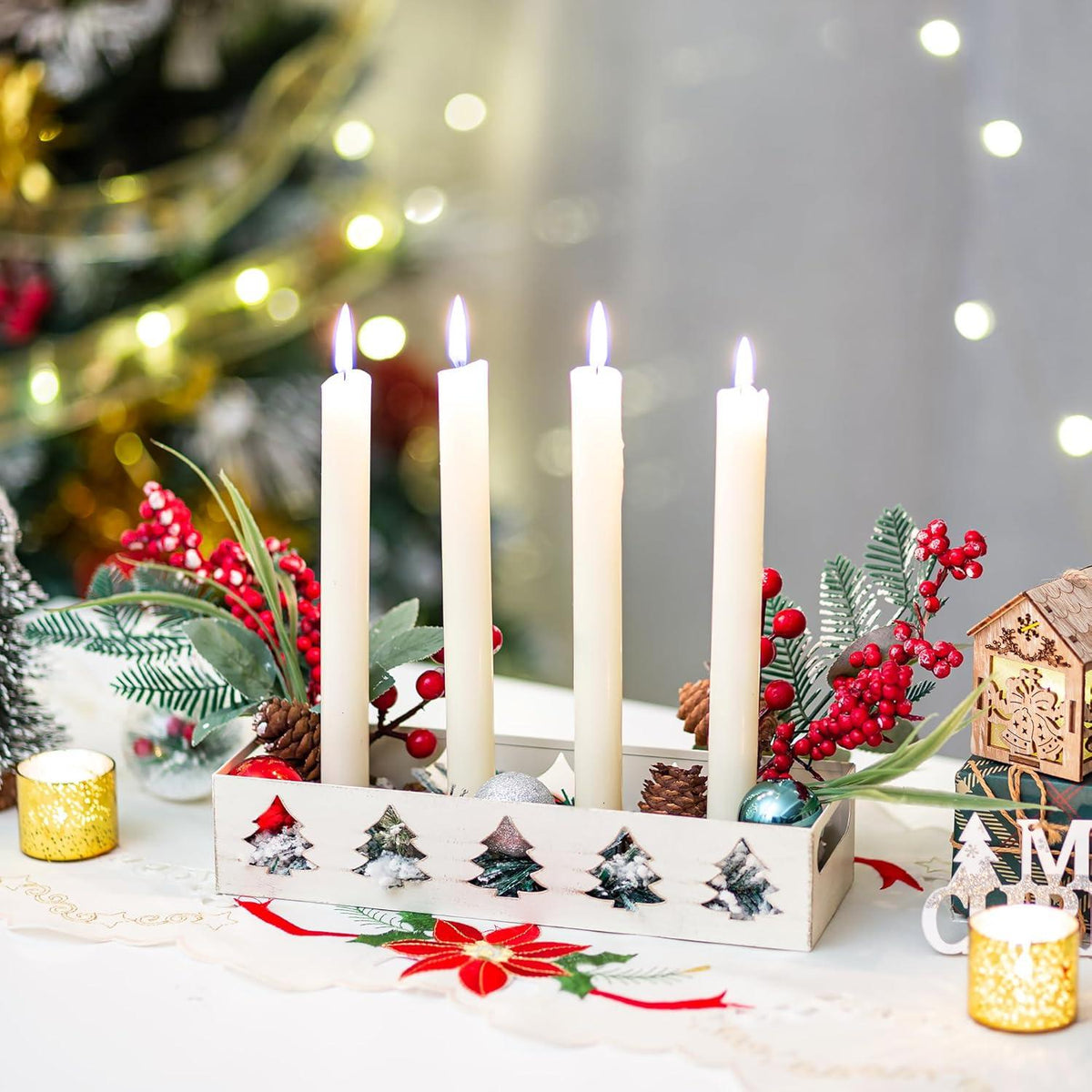 Adventskranz Kerzenhalter Metall Weiß für 4 Stabkerzen - Tischdeko Modern