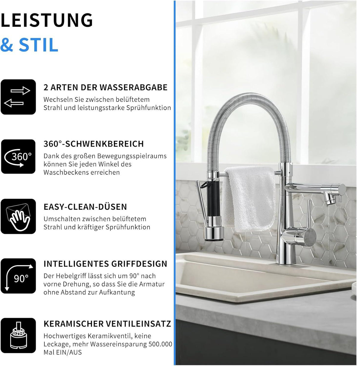 TIMACO Wasserhahn Küche Chrom mit Ausziehbarer Brause - Hochdruck - 360° Schwenkbar