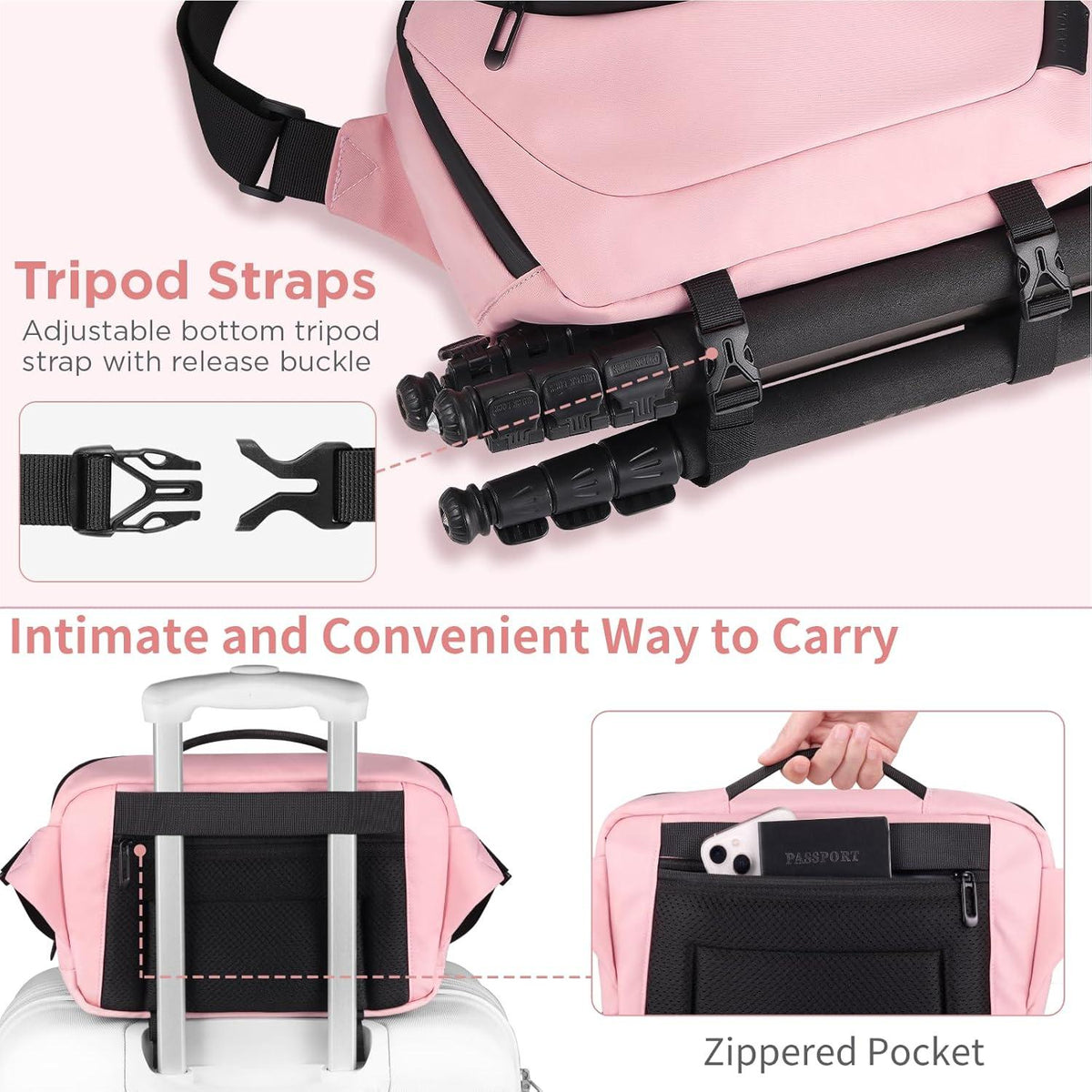 Wasserdichte Kameratasche für DSLR/SLR, Crossbody, Stativhalterung - Rosa