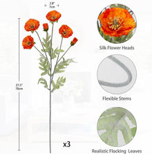 3er Set Künstliche Mohnblumen Kunstzweige Orange 70cm