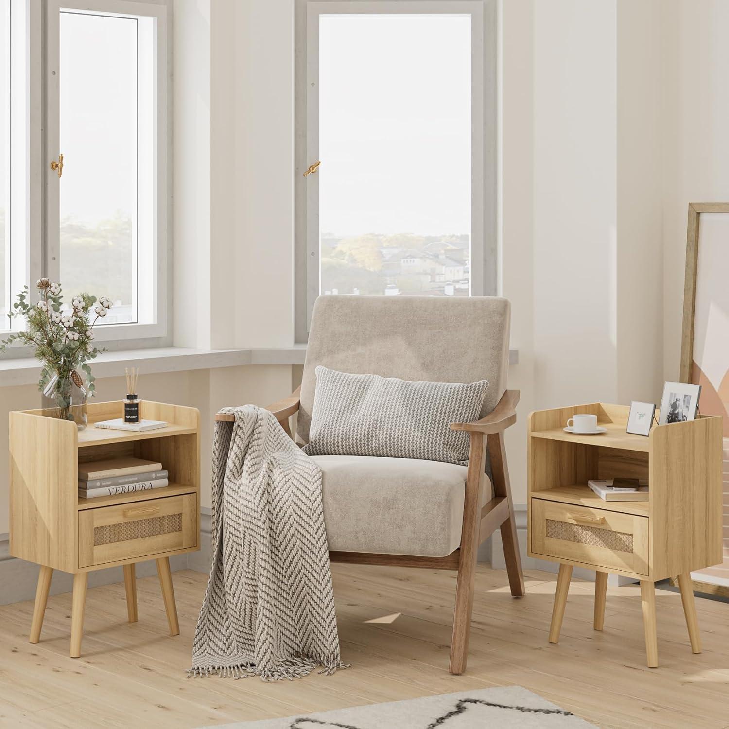 Nachttisch Rattan Beistelltisch Schublade Nachtkommode Holz Beine Schw