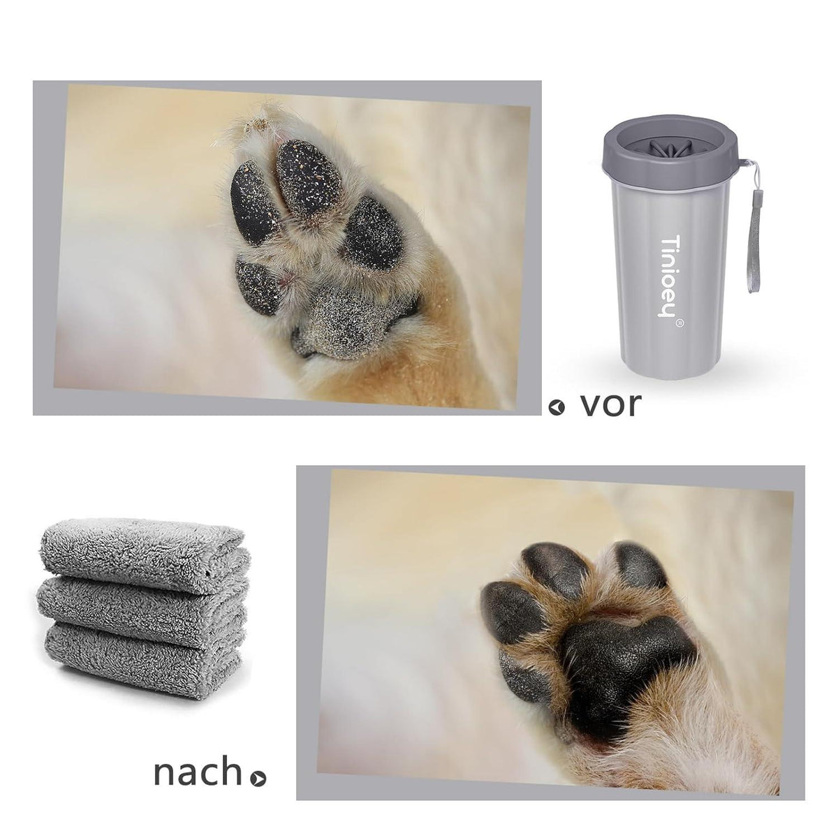 Tinioey Pfotenreiniger für Große Hunde inkl. 3 Hundehandtücher Grau-L
