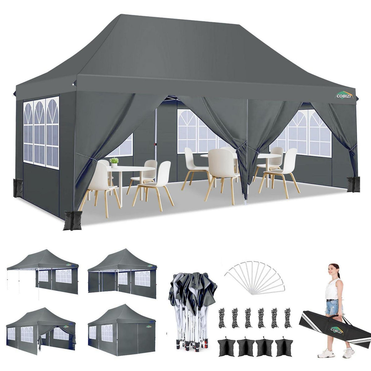 3x6m Faltpavillon Wasserdicht mit Seitenwänden – Partyzelt für Garten