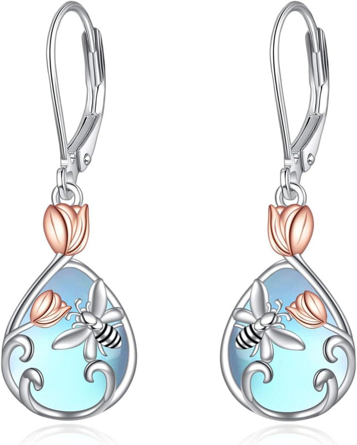 925 Sterling Silber Bienen Ohrringe mit Mondstein und Tulpe