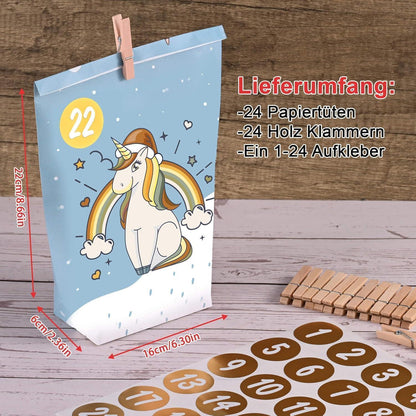 Adventskalender Tüten Einhorn Motiv 24 bedruckte