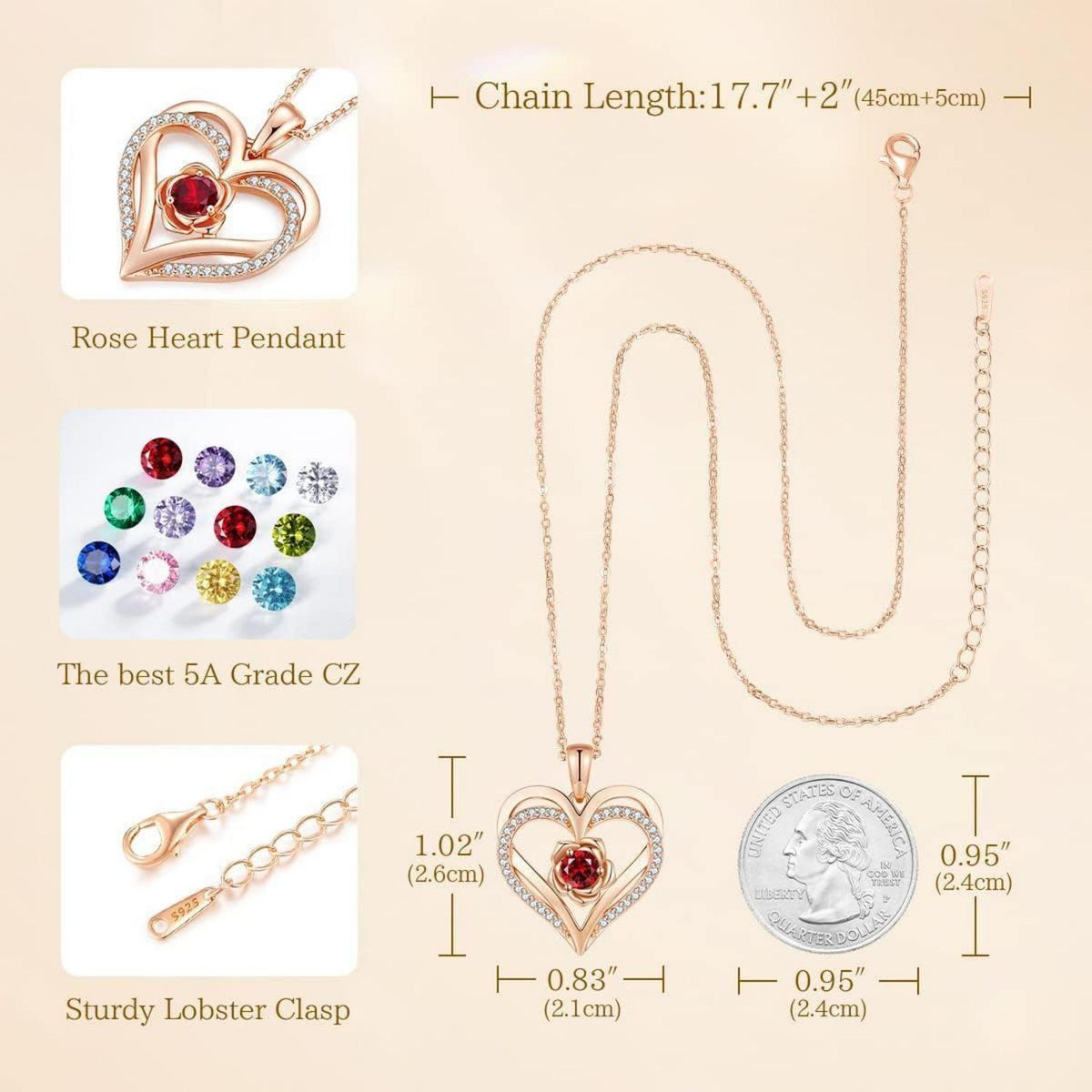 Herz Halskette Rosegold mit Geburtsstein aus 925 Sterling Silber