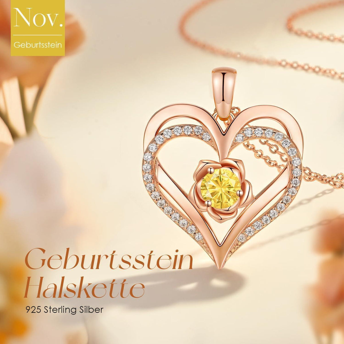Herz Halskette Rosegold mit Geburtsstein aus 925 Sterling Silber