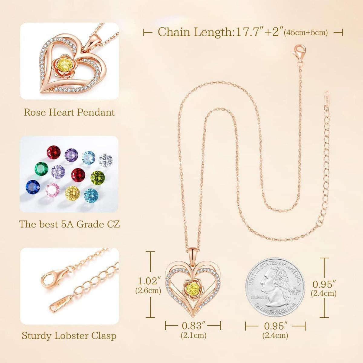 Herz Halskette Rosegold mit Geburtsstein aus 925 Sterling Silber
