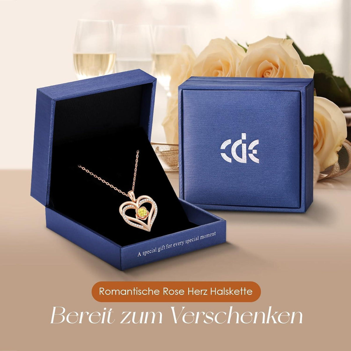 Herz Halskette Rosegold mit Geburtsstein aus 925 Sterling Silber