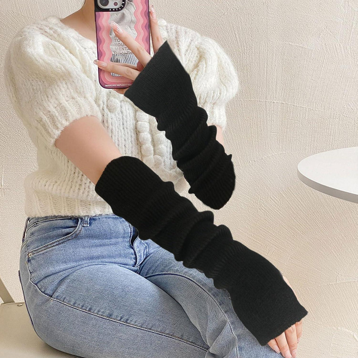 Armstulpen Damen Lang Gestrickt mit Daumenloch Schwarz