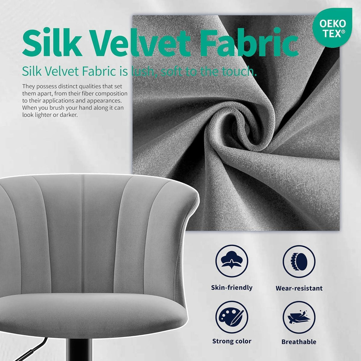 Barhocker Set 2er – Höhenverstellbar, Grau, Seidensamt