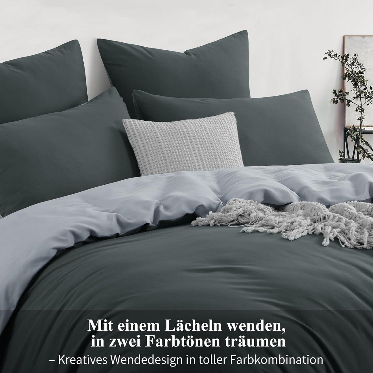 Moderne Wendebettwäsche 220x240 Grau 3-teilig - weiche Mikrofaser mit Reißverschluss