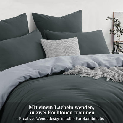 Moderne Wendebettwäsche 220x240 Grau 3-teilig - weiche Mikrofaser mit Reißverschluss