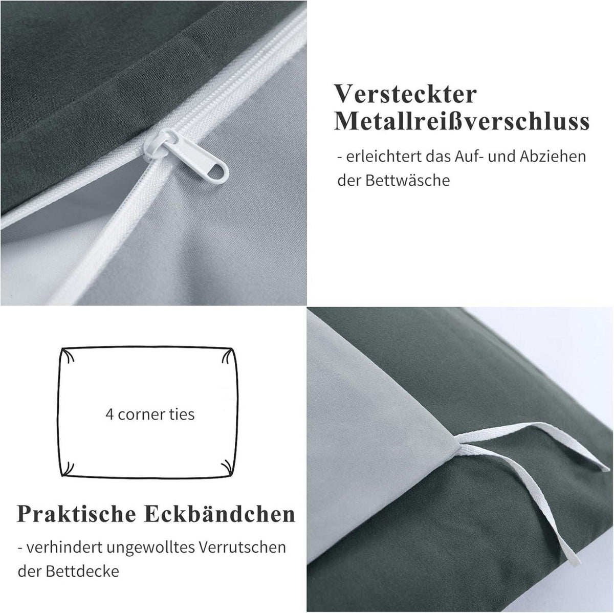 Bettwäsche Wendebettwäsche 220x240 3tlg Grau Mikrofaser Reißverschluss