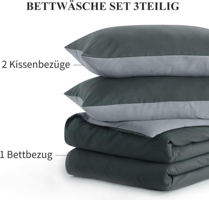 Bettwäsche Set 220x240cm Grau Wendebettwäsche Reißverschluss Mikrofaser