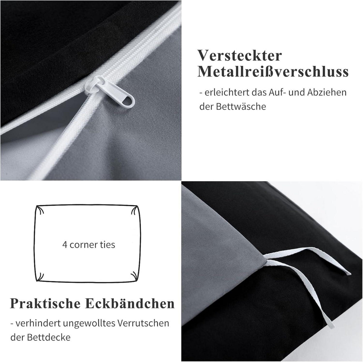 Bettwäsche 200x200 Schwarz Wendebettwäsche 3tlg Reißverschluss