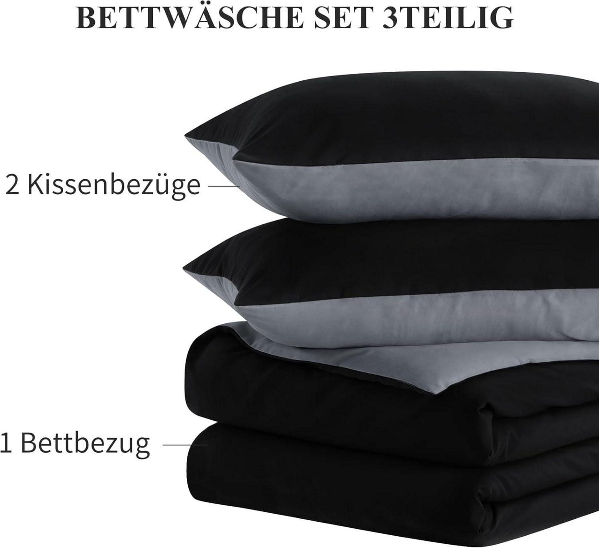 Bettwäsche Set 200x200 Schwarz Wendebettwäsche 3tlg Mikrofaser Reißverschluss